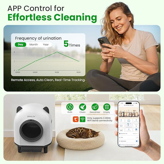 OROLEY Self Cleaning Litter Box, Automatic Litter Box,Odor Control Robot, Cat Ears Design,APP Real-Time Monitor, Cat Litter-Boxs for Multiple Cats,Infrared Safety Sensor, with 1 Trash Bag
