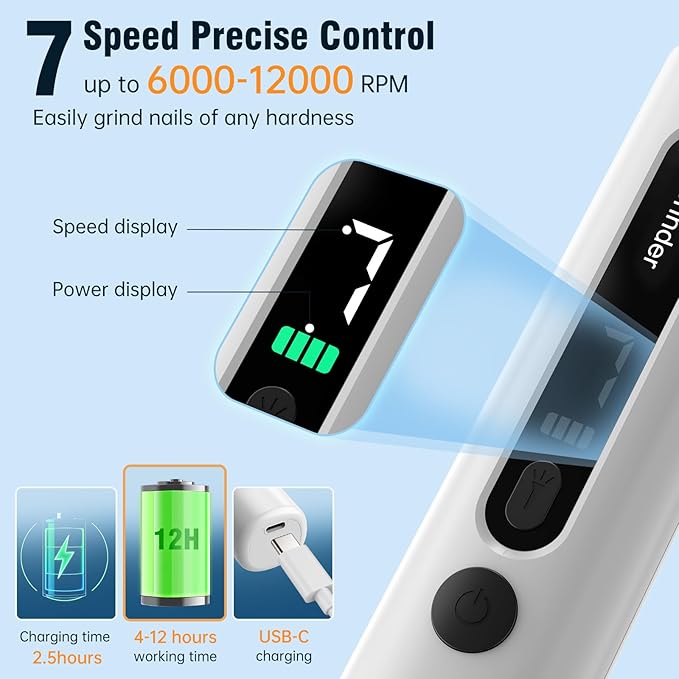 Dog Nail Grinder, 7-Speed Pet Nail Trimmer with LED Light & Sponge Dust Collector, Quiet and Low-Vibration, Painless Paws Grooming for Large Medium Small Dogs, Include Storage Bag