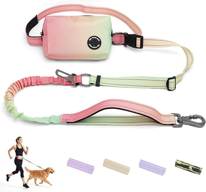 Hands Free Dual Handle Retractable Bungee Leash with Reflective Trim, Adjustable Waist Belt for Dog Walking, Running, Hiking - Durable Nylon Leash for Medium Large Dogs, Green