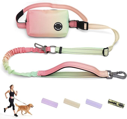 Hands Free Dual Handle Retractable Bungee Leash with Reflective Trim, Adjustable Waist Belt for Dog Walking, Running, Hiking - Durable Nylon Leash for Medium Large Dogs, Green