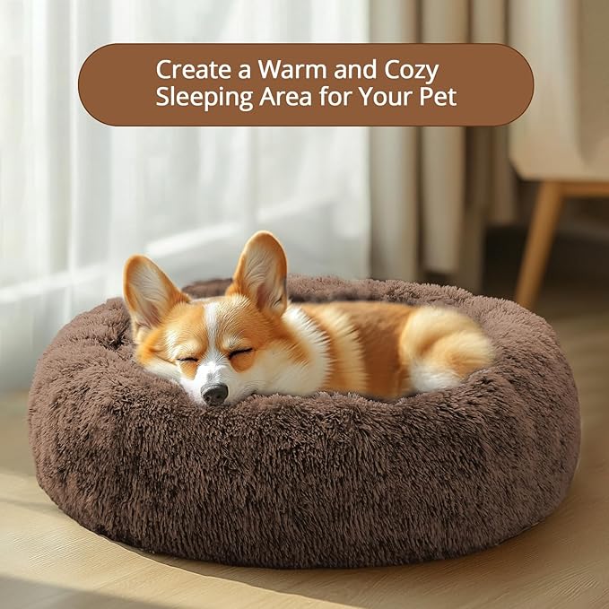 JOLLYVOGUE Calming Dog Bed Medium Size Dog, Anti-Anxiety Donut Medium Pet Bed, 27 inches Fluffy Faux Fur Round Cat Bed (Coffee)