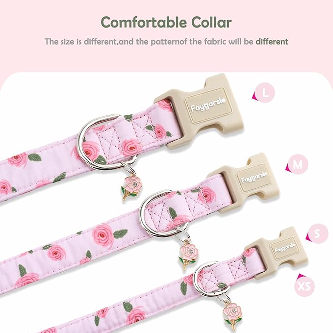 Faygarsle Pink Floral Dog Collar with Roses Pattern, Spring Summer Design for Small Medium Large Dogs M