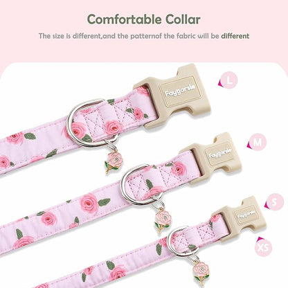 Faygarsle Pink Floral Dog Collar with Roses Pattern, Spring Summer Design for Small Medium Large Dogs S