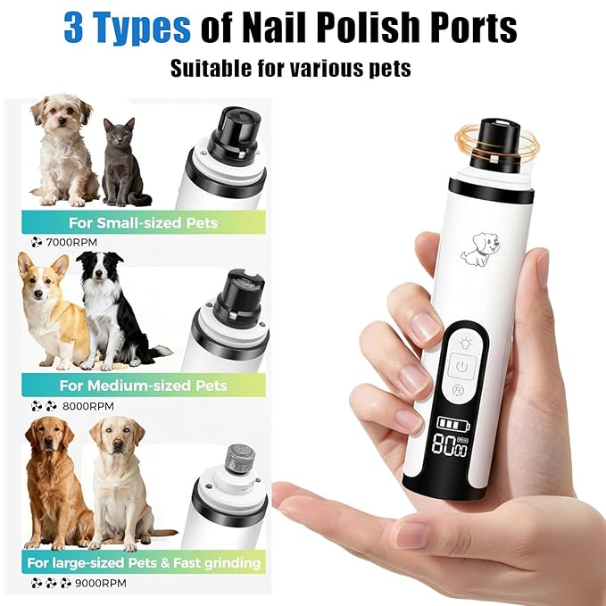2026 New Ultra Quiet Pets Nail Grinder with 2 Lights,Adjustable 3 Speeds Dog Nail Trimmers,2000mAh Rechargeable,Painless Paws Grooming Pro for Small Medium Large Dogs & Cats (2 Replacement Heads)