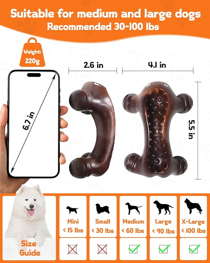 Dog Toys for Aggressive Chewers Large Medium Breed Dogs, Interactive Treat Fillable Enrichment Chew Toy, Indestructible Long Lasting Nylon Teething Bones