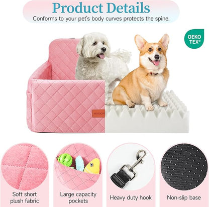 HEGGCOOE Dog Car Seat for Medium/Large Dogs, Pet Booster Seat for Under 55 lbs or 2 Small Dogs, Detachable & Washable Dog Car Bed for Backseat with 2 Safety Leashes (Pink)