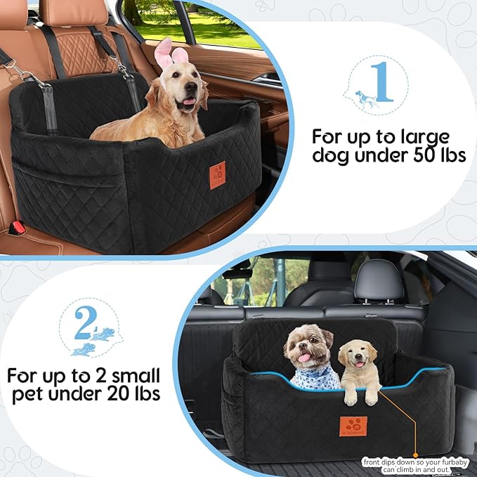 GL GLENSLAVE Dog Car Seat for Medium/Large Dogs,Pet Booster Car Seats for Under 50lbs or 2 Small Dogs, Detachable and Washable Pet Bed,Multi-Functional Travel Dog Bed(Black)