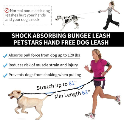 Hands Free Dog Leash with Zipper Pouch, Retractable Bungee Waist Leash with Dual Padded Handles & Waist Belt Fanny Pack for Medium & Large Dog Training Walking Running Hiking Jogging (Blue)