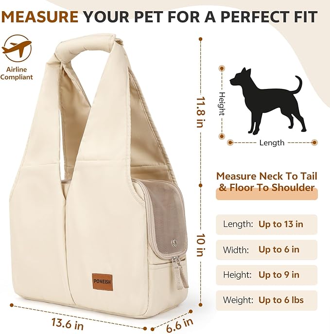 Dog Purse Carrier for Small Dogs and Cats, Soft-Sided Pet Tote Bag with 6 Large Pockets, Collapsible Travel Puppy Carrier with Small Cushion, Fits Pets up to 6 lbs (Beige, 13.6" L x 6.6" W x 10" H)