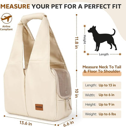 Dog Purse Carrier for Small Dogs and Cats, Soft-Sided Pet Tote Bag with 6 Large Pockets, Collapsible Travel Puppy Carrier with Small Cushion, Fits Pets up to 6 lbs (Beige, 13.6" L x 6.6" W x 10" H)