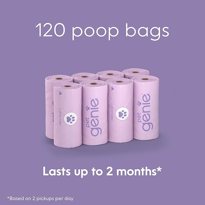 Pet Genie, Dog Poop Bags Rolls Scented, Extra Strong & Leak-Proof for Dogs, Lavender Scented, Easy Tear Pet Waste Bags, Made from 65% Recycled Plastic, 8 Rolls (120 Count)