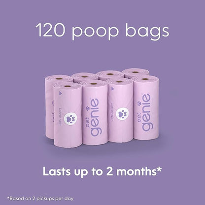 Pet Genie, Dog Poop Bags Rolls Scented, Extra Strong & Leak-Proof for Dogs, Lavender Scented, Easy Tear Pet Waste Bags, Made from 65% Recycled Plastic, 8 Rolls (120 Count)