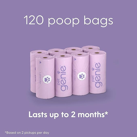 Pet Genie, Dog Poop Bags Rolls Scented, Extra Strong & Leak-Proof for Dogs, Lavender Scented, Easy Tear Pet Waste Bags, Made from 65% Recycled Plastic, 8 Rolls (120 Count)