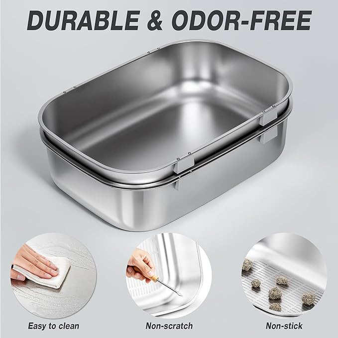 Triple Pan Stainless Steel Sifting Cat Litter Box, Large High Sided Metal Litter Box for Big Cats up to 20lbs, Odor-Free Non-Stick Easy Clean System, No Scooping Sifter Tray for Multi-Cat Homes