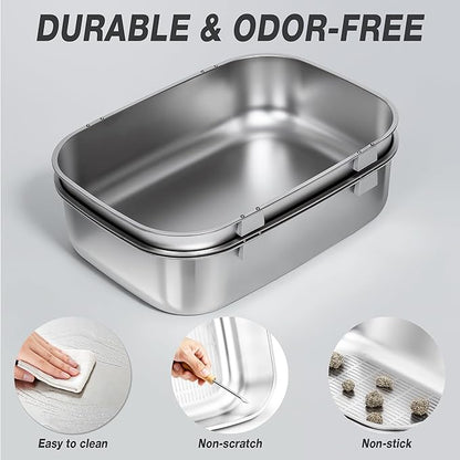 Triple Pan Stainless Steel Sifting Cat Litter Box, Large High Sided Metal Litter Box for Big Cats up to 20lbs, Odor-Free Non-Stick Easy Clean System, No Scooping Sifter Tray for Multi-Cat Homes