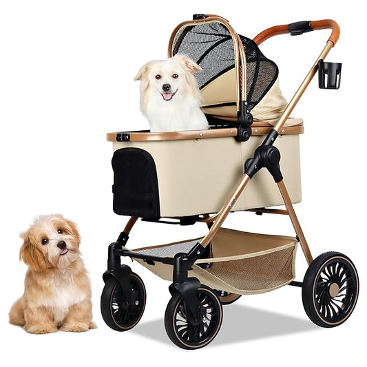 3-in-1 Pet Stroller for Small Dogs & Cats up to 33lbs, One-Touch Fold 4-Wheel Cart with Removable Carrier, Rear Brake & Storage Basket