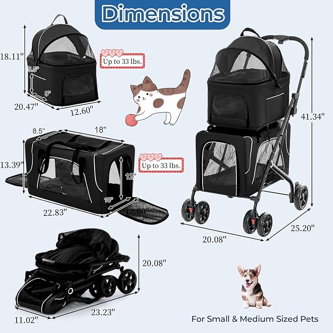 Double Dog Stroller with Cup Holder, Foldable 3-in-1 Cat Strollers with 2 Detachable Carriers, Safety Belt, Washable Cover, Removable Pads, 4 Wheels Travel Pet Stroller for Small Medium Dogs (Black)