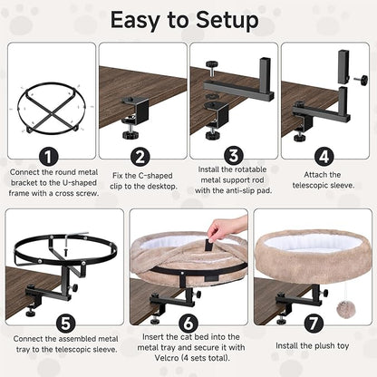 Cat Desk Bed - 360° Rotating & Adjustable, Supports 50 lbs, Soft Faux Fur with Dual-Sided Reversible Mat, Modern Indoor Cat Nest Furniture for Office Desks and Game Tables, Island Table
