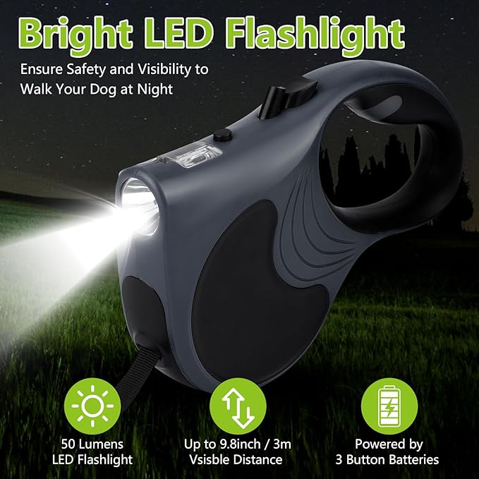Retractable Dog Leash with Flashlight, 16ft Dog Walking Leash for Dogs up to 77lbs, 360° Tangle-Free Nylonup Leash, Anti-Slip Handle - Grey