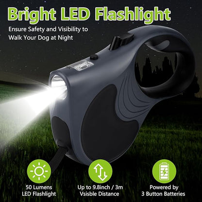 Retractable Dog Leash with Flashlight, 16ft Dog Walking Leash for Dogs up to 77lbs, 360° Tangle-Free Nylonup Leash, Anti-Slip Handle - Grey