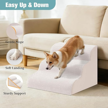 Dog Stairs for Small Dogs, 3-Step Dog Steps for Couch Sofa and Chairs, High-Density Foam Pet Steps Ramp with Removable Washable Cover for Older Injured Puppy Dogs and Cats, 13.78" H, Beige