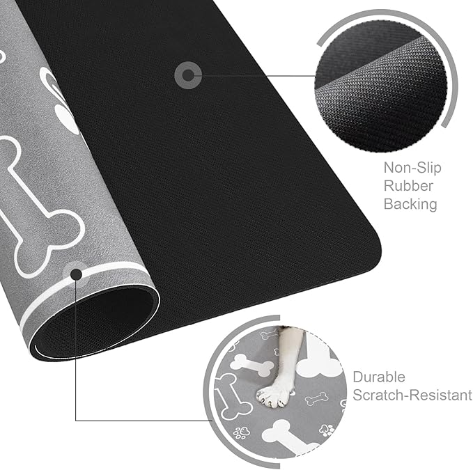 Pet Feeding Mat,Rapid Absorbent Mats for Dog Cat Food, Dog Placemat Water Bowl Mat with Rubber Backing,Messy Drinkers to Protect Floors, Pet Accessories 16"×24" Grey
