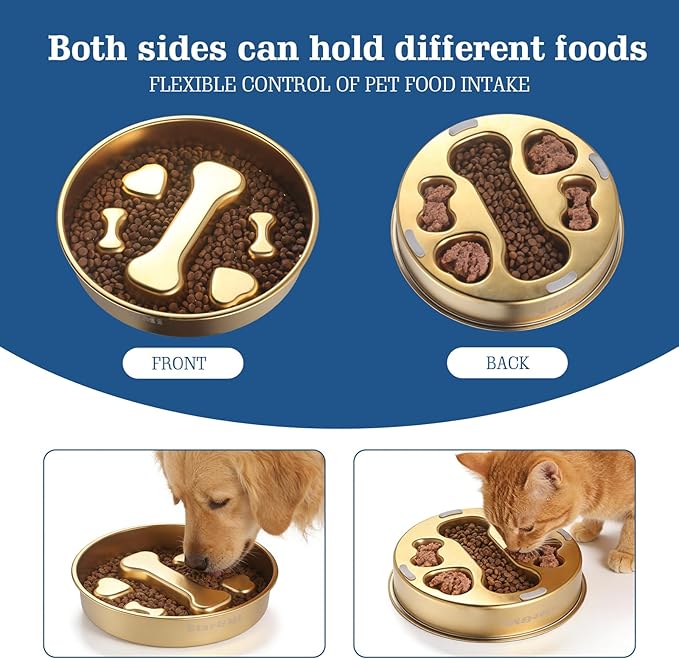 Golden Stainless Steel Slow Feeder Dog Bowls – Non-Slip Metal Dog Bowl for Large & Medium Breeds, Puppy Puzzle Feeder – 2 Cup Capacity for Small to Big Pets – Durable Slow Feed Dog & Cat Food Dish