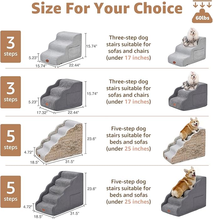 15.7”H Ramp Dog Stairs for Small Dogs, Side Armrest 3 Tier Wider Curved Pet Stairs for Couch and Beds，High-Density Foam Indoor Dog Steps with Non-Slip Bottom and Washable Cover for Old Cats