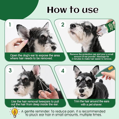 Dog Ear Hair Removal Tool – 30g Ear Powder, 5.5" Hemostat & Electric Dog Ear Trimmer – Helps Reduce Wax & Odor – Grooming Kit for Schnauzers, Poodles & Breeds with Ear Hair