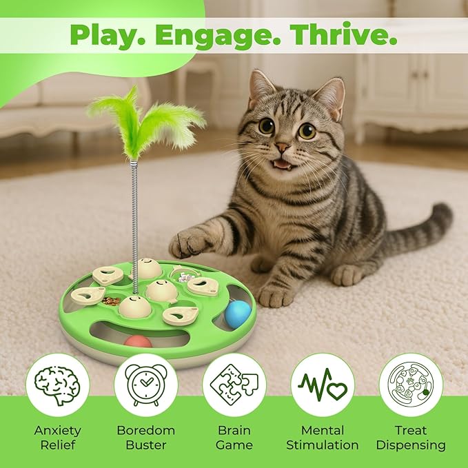 Cat Puzzle Toys Games Level 3 in 1 with Track Balls, Feather Teaser & Treat Feeder | Non-Slip Base | Mental Stimulation Enrichment for Indoor Cats | Kitty Gift, Green