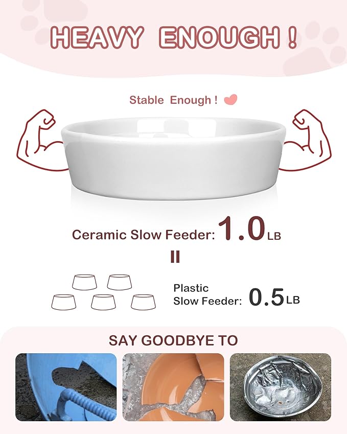 TRUVIC Ceramic Slow Feeder Dog Bowls Small Breed, 0.6 Cup Slow Feeder Cat Bowls for Fast Eaters, Ceramic Dog Food Dish no Black Chin, Puzzle Bowl for Small Dogs and Cats, White