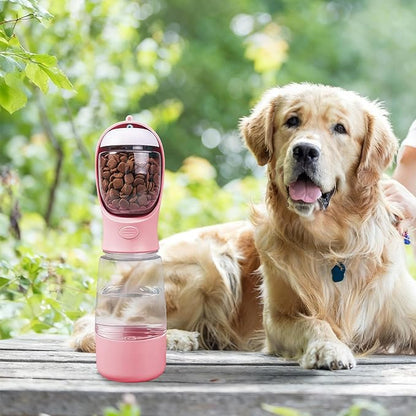 3-in-1 Dog Water Bottle Portable Leak Proof Pet Water Dispenser with Built-in Snack Storage & Waste Bag Holder 14oz for Outdoor Walking, Hiking Travel Pink