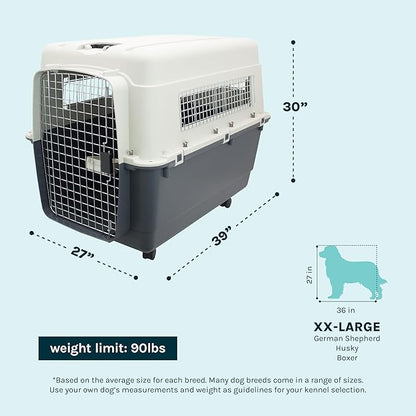 SportPet Airline Compliant XX-LARGE 36" Travel Dog Kennel-Durable Plastic Airline Pet Carrier w/ Removable Wheels & Food Bowls, Collapsible Indoor/Outdoor Dog Kennel, Dogs up to 36"L & 27"H-Cream/Gray