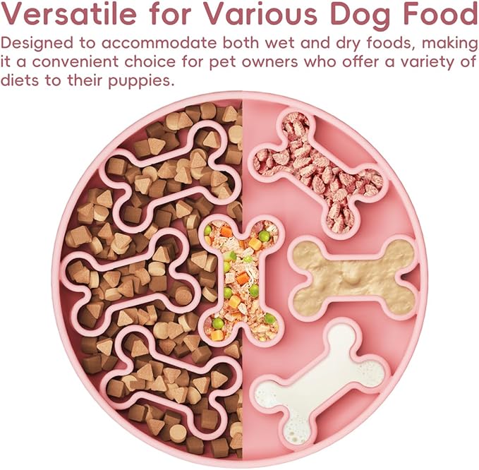 Silicone Slow Feeder Dog Bowl – Pink Bone Pattern | Food-Grade Non-Slip Dog Dish for Anti-Bloat, Fast Eating Prevention, 7.5” x 1.5”, Dishwasher Safe