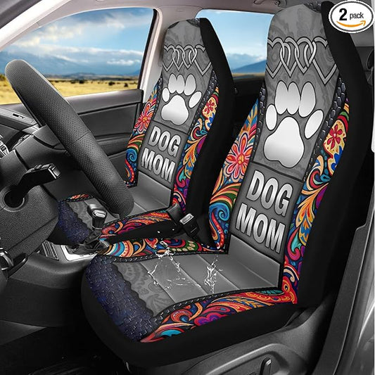 Dog Mom Paw Car Seat Covers for Truck Sedan SUV 2 Pack Waterproof Automotive Seat Covers Boho Flowers Removable Auto Accessories Interior Decor