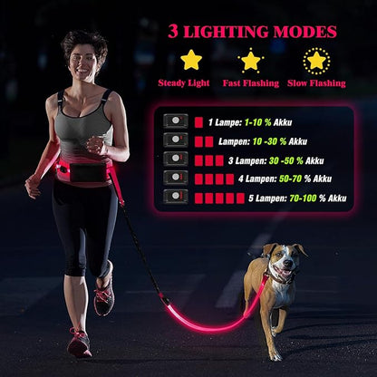 LED Hands Free Dog Leash, Waist Leash for Dog Walking, Retractable Bungee Light Up Dog Leash, LED Handless Dog Running Leash, Reflective Running Leash for Jogging Training Hiking (Pink)