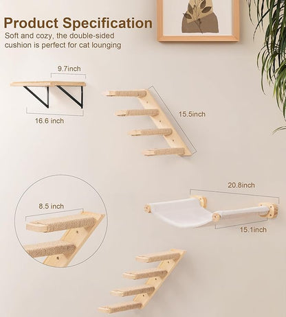 Cat Wall Hammock Set of 4 – 1 Floating Fabric Hammock, 2 Ladders with 4 Steps Each & 1 Flat Shelf – Wall Mounted Cat Bed Furniture Indoor Playground