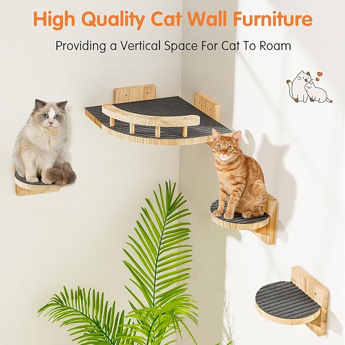 Cat Wall Shelves with 3 Steps, Wooden Cat Wall Furniture up to 15lbs, Floating Stairs for Small/Medium Cats, Kitty Wide Climber Shelf with Cozy Perch for Indoor, Sleeping, Jumping, Playing