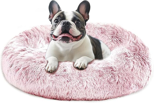JOLLYVOGUE Calming Dog Bed Medium Size Dog, 31in Donut Washable Medium Pet Bed, Anti-Slip & Anti-Anxiety Fluffy Faux Fur Round Dogs Bed, Fits up to 45 lbs Pets (Smoke Pink)