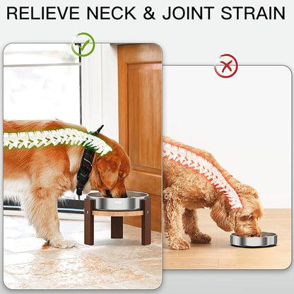 Elevated Dog Bowl Stand, 6'' Height Raised Stand for Medium&Small Dogs, Includes 2Cups Stainless Steel Slow Feeder Dog Bowl, Durable Solid Hardwood