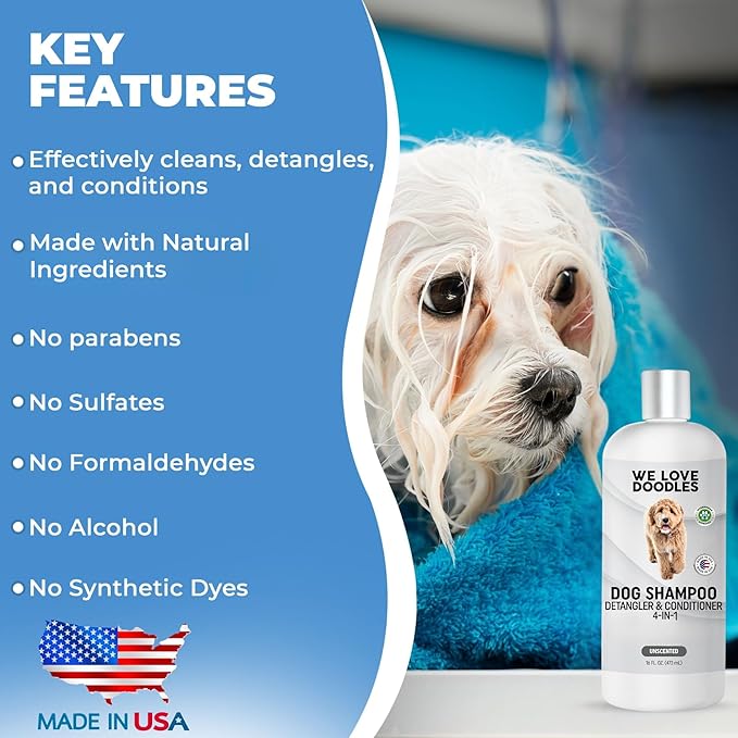 Dog Shampoo, Conditioner & Detangler - Best Shampoo for Goldendoodles, Poodles & Doodles Pet Hair - Hypoallergenic, Tearless, Sensitive Skin for Puppies & All Dog Breeds - Made in USA,16OZ (Unscented)