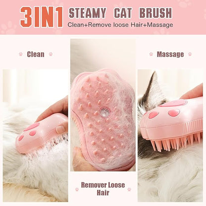 Steamy Cat Brush, 3 in 1 Cat Steamy Brush, Electric Cat Steam Brush, Cat Grooming Brush Silicone Self Cleaning Steam Brush for Massage,Clean and Removing Loose Hair