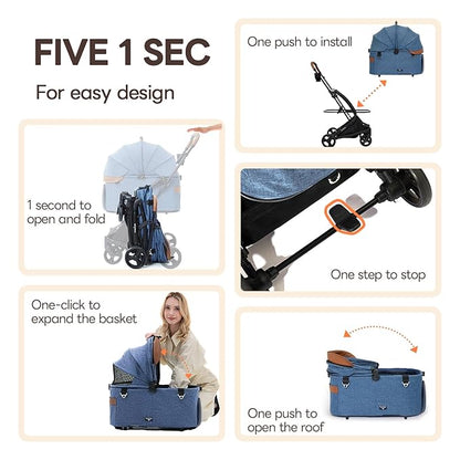 【One-Pull Open Ver.】 PETTENA One-Touch Foldable Dog Stroller for Small Dogs Cats up to 44 Lbs, Cat Stroller for 2 Cats, Large Space, Black (Navy Blue)