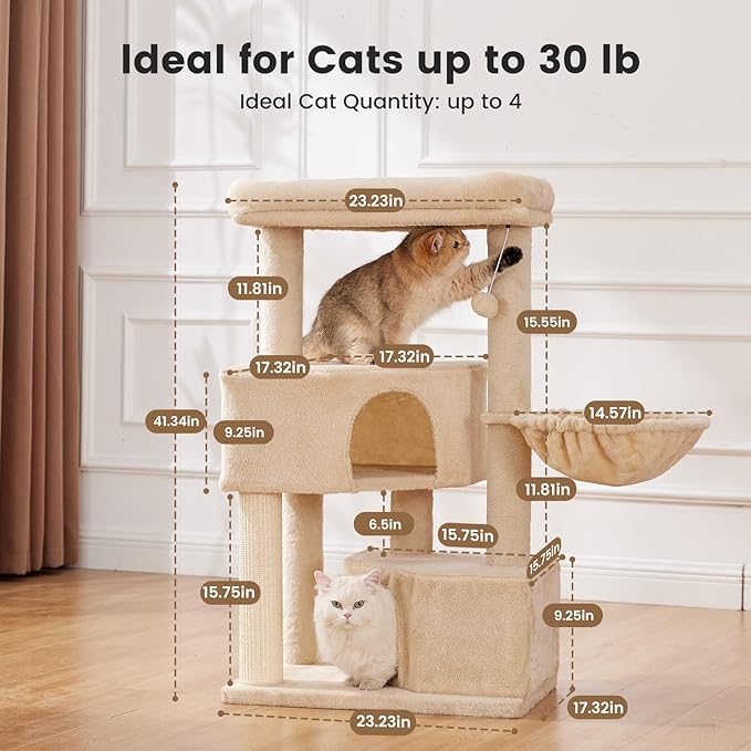 Gardner Pet 41" Cat Tree for Large Cats, Heavy Duty Cat Trees Tower with 3.2in Posts & Washable Top Perches & Replaceable Natural Sisal
