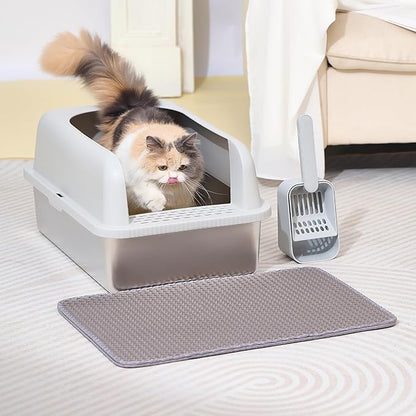 Henkelion 2 Pack Stainless Steel Cat Litter Box with Lid, 20" L x 14.2" W x 11.8" H, Extra Large Litter Box for Big Cats with High Sided, Anti-Urine Leakage, Easy Cleaning, Include Cat Mat and Scoop