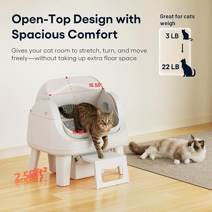 PetPivot Open Top Self Cleaning Cat Litter Box, Automatic Litter Box with 7 Pairs of Safety Sensors, Anti-Pinch Protection and Easy Access Step for Senior Cats, White