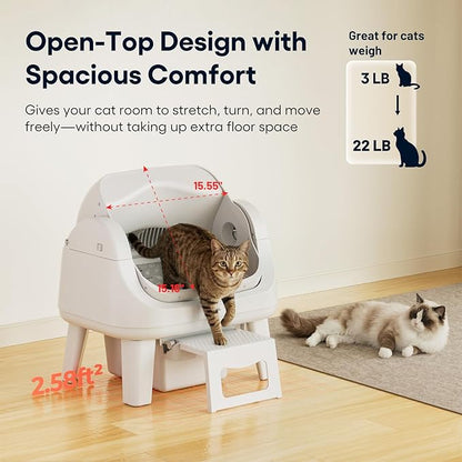 PetPivot Open Top Self Cleaning Cat Litter Box, Automatic Litter Box with 7 Pairs of Safety Sensors, Anti-Pinch Protection and Easy Access Step for Senior Cats, White