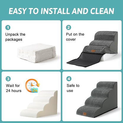 Wide Dog Stairs for Small Dog 15.7" H, Pet Step for Puppy, Older Cat, Curved Ramp for Couch, Durable Anti-Slip Ladder with High Density Foam, 3 Step, 17.7x22.4x15.7 inch, Charcoal Grey