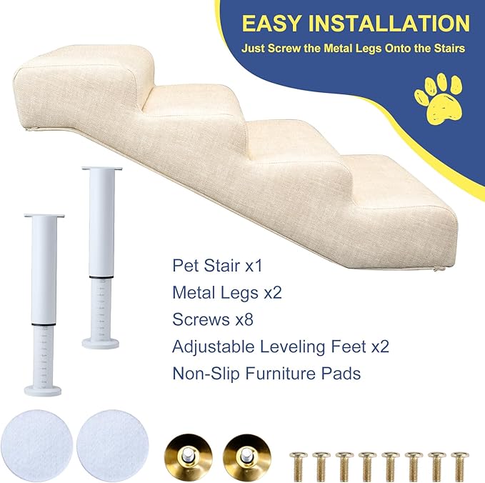 DoCred Adjustable Pet Stairs for Beds & Sofas - 4 Step 14.5"-17.7" H Non-Slip Dog Stairs for Small to Medium Dogs & Cats, Supports up to 150 lbs - Linen Faux Leather Dog Steps