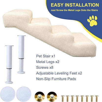 DoCred Adjustable Pet Stairs for Beds & Sofas - 4 Step 14.5"-17.7" H Non-Slip Dog Stairs for Small to Medium Dogs & Cats, Supports up to 150 lbs - Linen Faux Leather Dog Steps